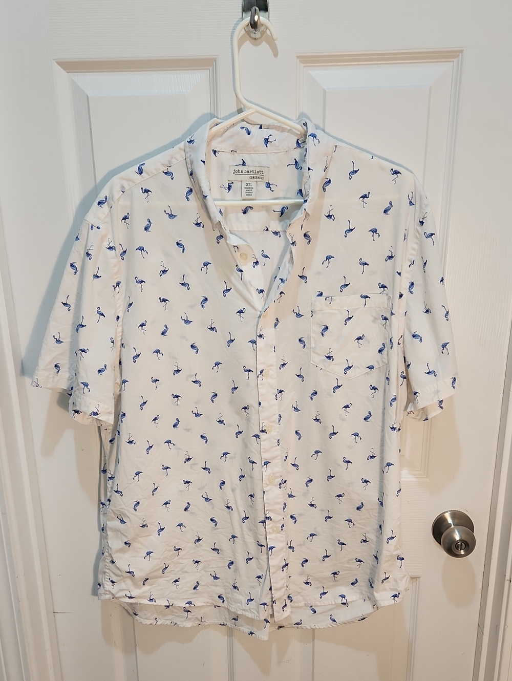 Men's White Short-Sleeve Button-Down Shirt with Blue Flamingo Print